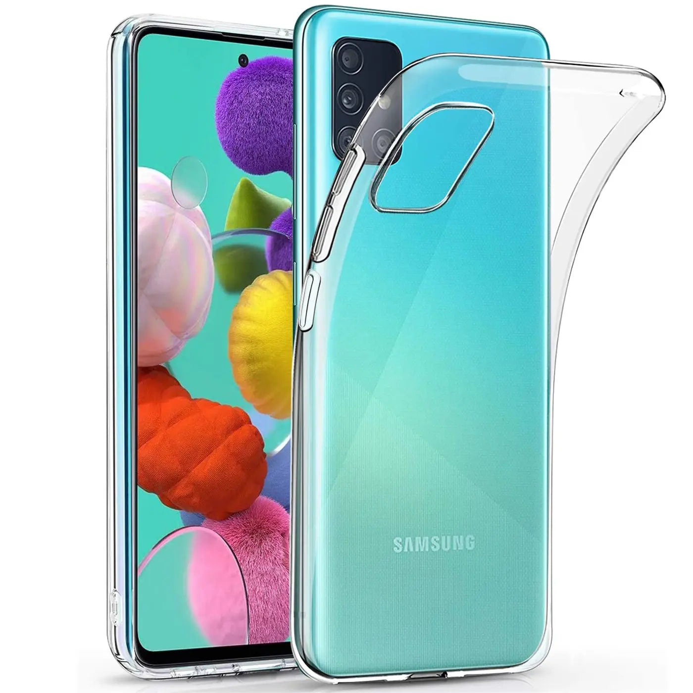 Samsung Galaxy A51 mit transparentem Silikoncase, von vorne und hinten gezeigt.