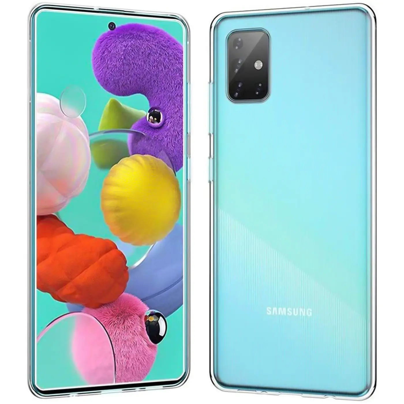 Samsung Galaxy A51 in klarem, dünnem Case, Vorder- und Rückansicht, aus Kunststoff.