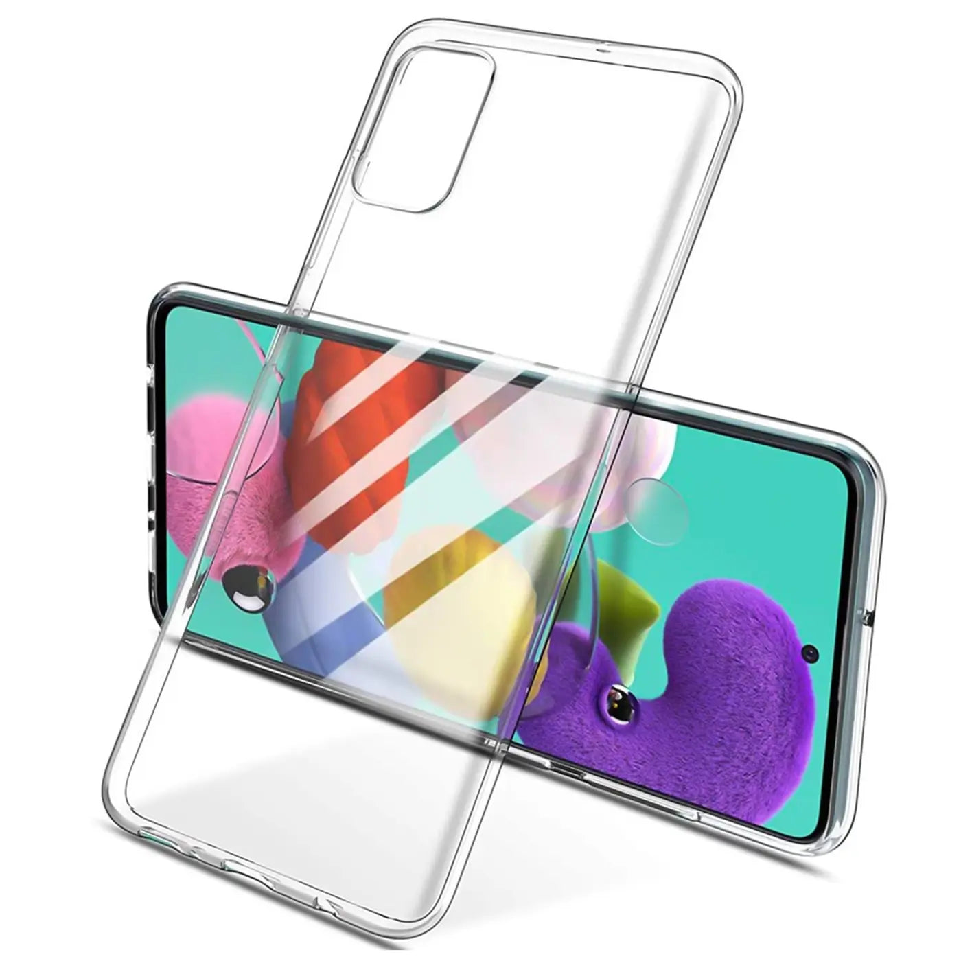 Klares Slim Case aus Kunststoff über einem Samsung Galaxy A51, Draufsicht.