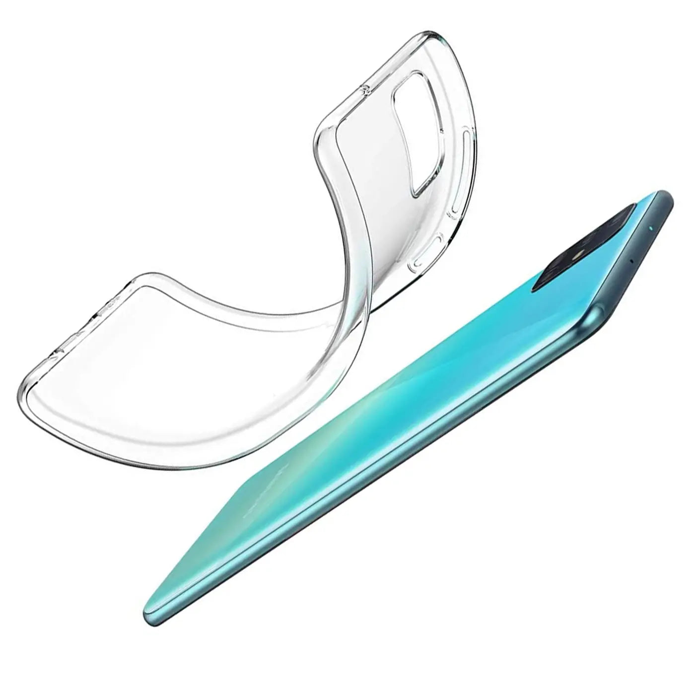 Klares, flexibles Handyhülle aus Silikon neben einem türkisfarbenen Samsung Galaxy A51, von oben gesehen.