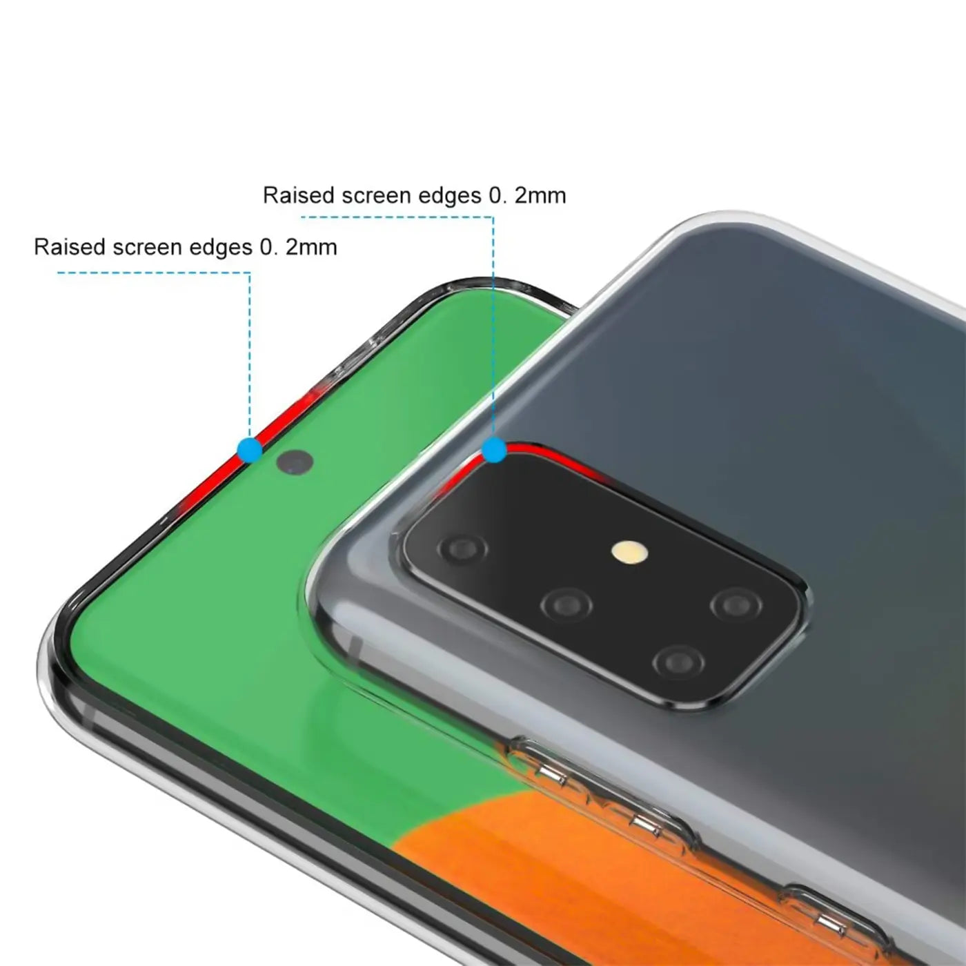 Transparentes Handyhülle aus Kunststoff, Nahaufnahme, Samsung Galaxy A51 mit Kamera.