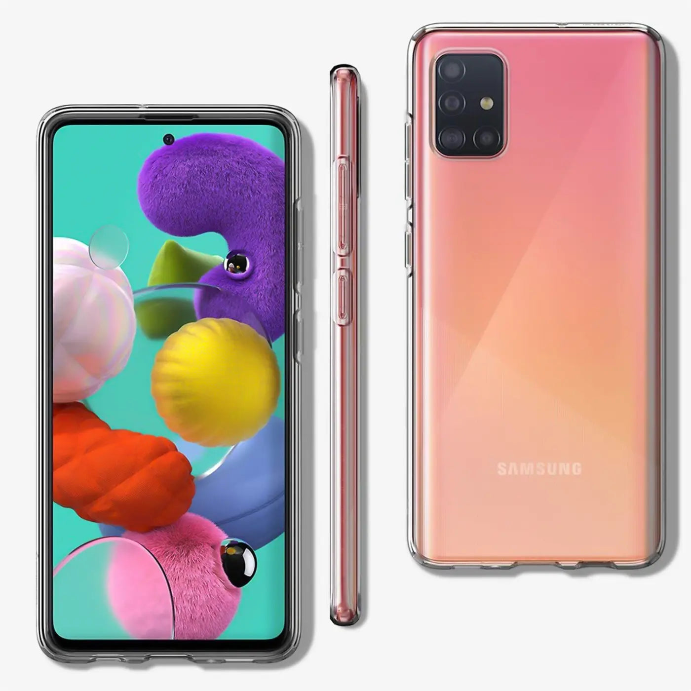 Samsung Galaxy A51 in klarem Case, Vorder-, Seiten- und Rückansicht.