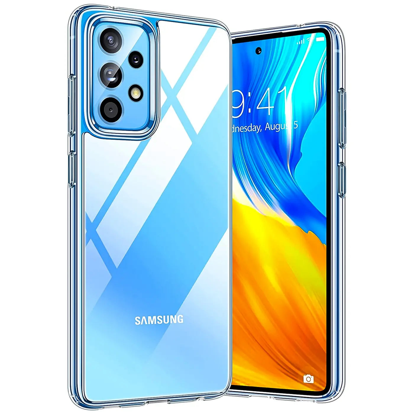 Klares, transparentes Handy-Case aus Kunststoff, seitliche Ansicht, zeigt Samsung Galaxy A53 5G.