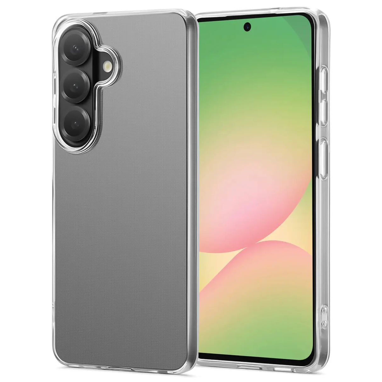 Graue, transparente Hülle aus Kunststoff, von vorne/seitlich, auf Samsung Galaxy A57 5G.
