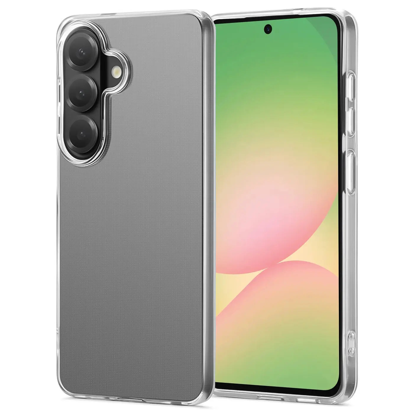 Graue, transparente Hülle aus Kunststoff, von vorne/seitlich, auf Samsung Galaxy A57 5G.