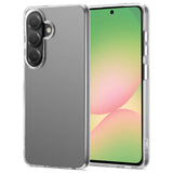 Graue, transparente Hülle aus Kunststoff, von vorne/seitlich, auf Samsung Galaxy A57 5G.