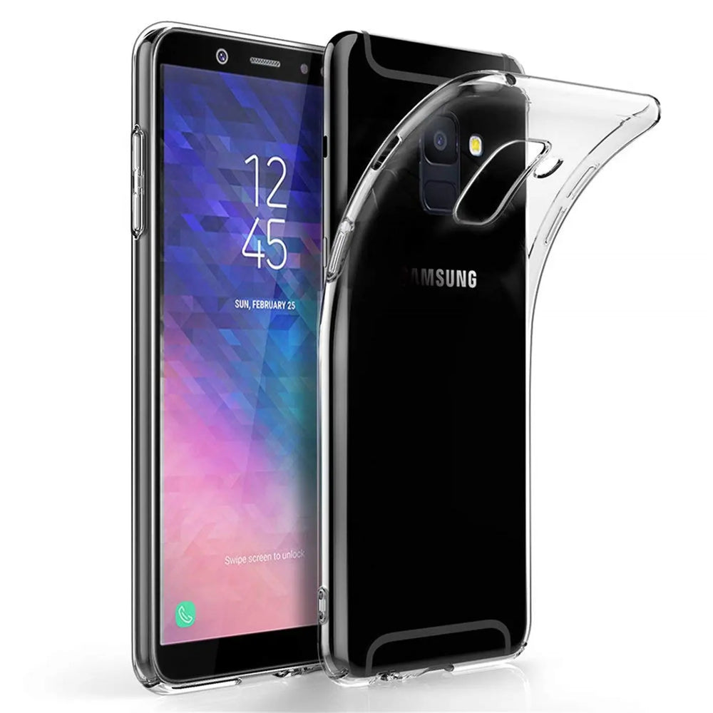 Samsung Galaxy A6 mit transparentem, dünnem Silikoncase, von vorne und hinten gezeigt.