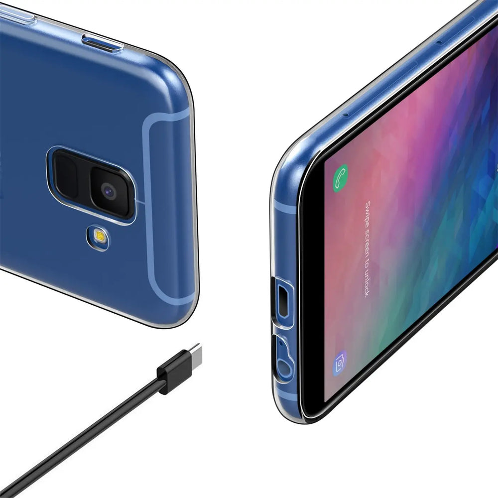 Blaues, transparentes Handycase aus Kunststoff mit Samsung Galaxy A6 und Ladekabel.