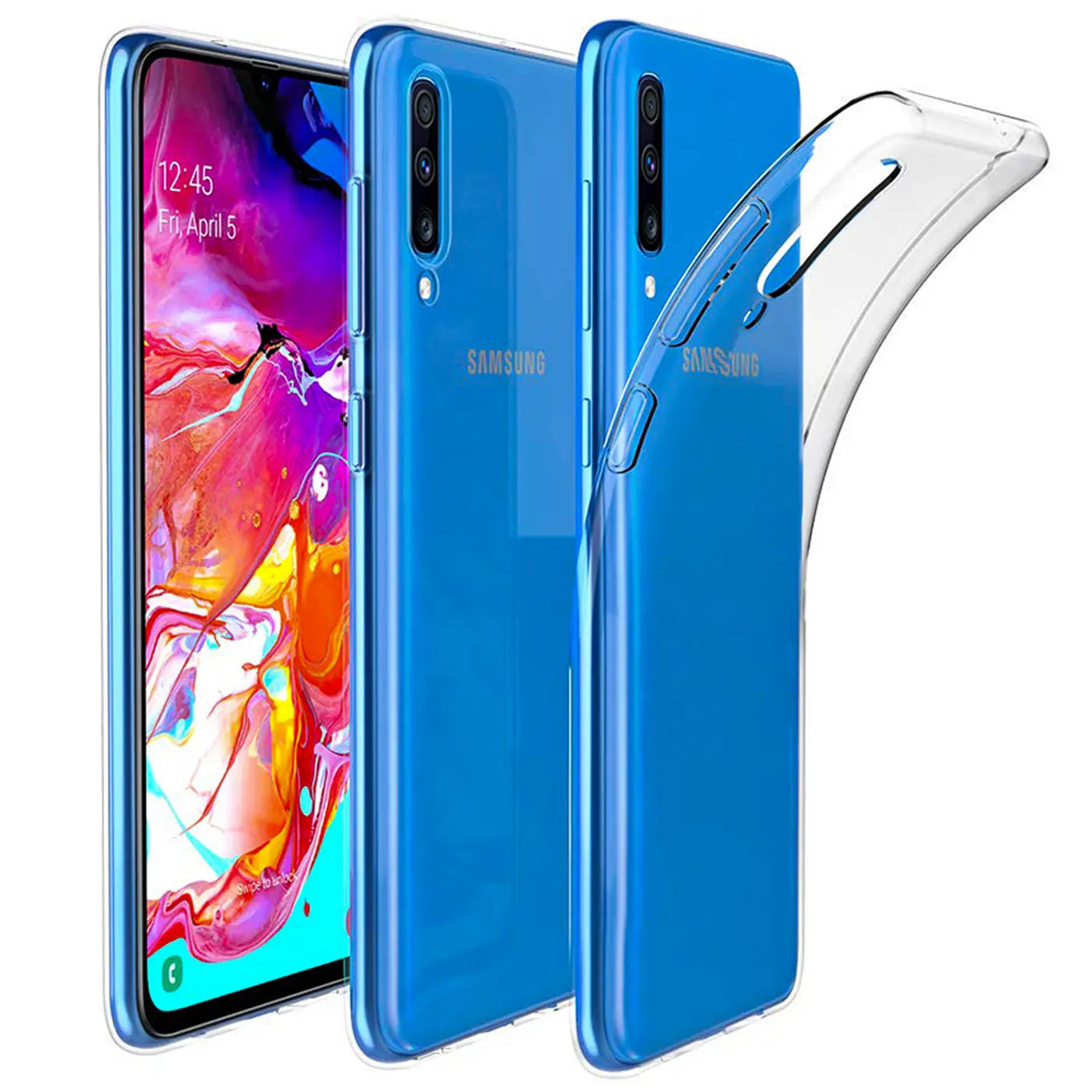 Klares, flexibles Handyhülle aus Silikon, seitliche Ansicht, Samsung Galaxy A70.