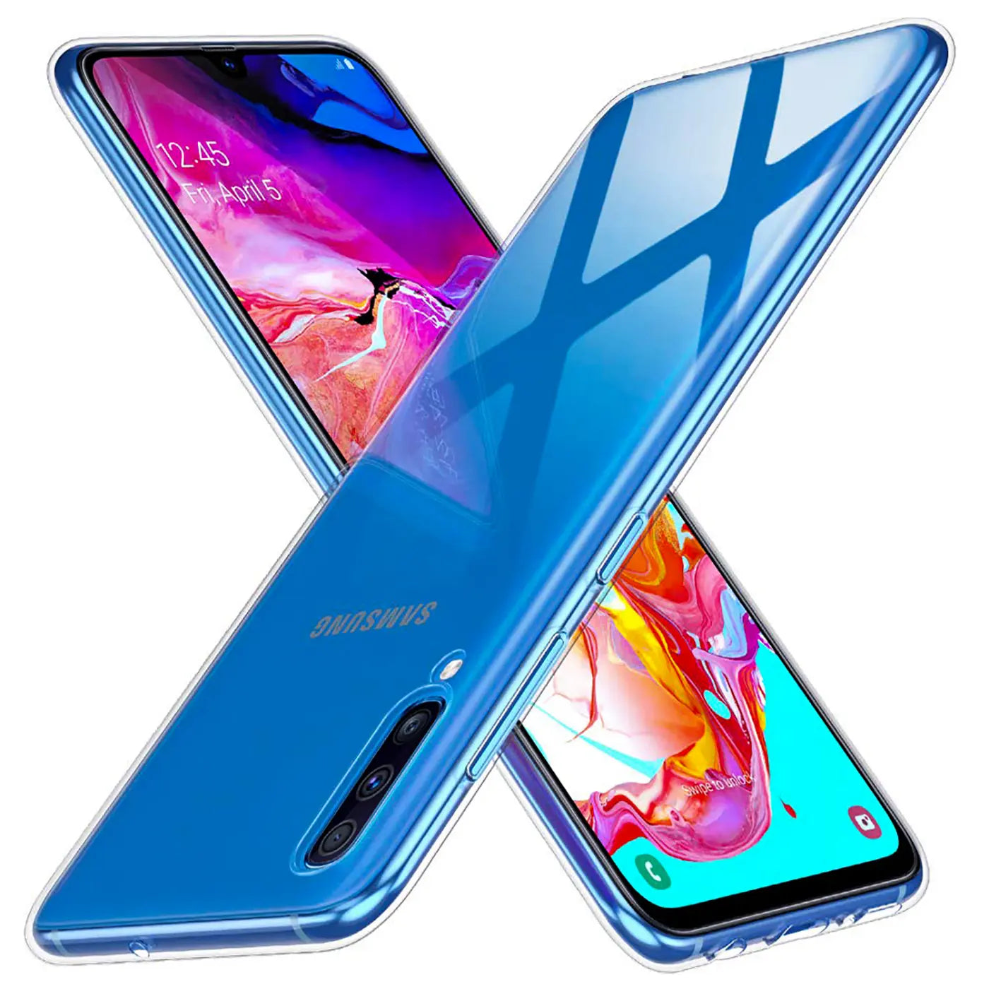 Zwei blaue Samsung Galaxy A70/A70s Smartphones mit transparentem Case, von schräg oben.