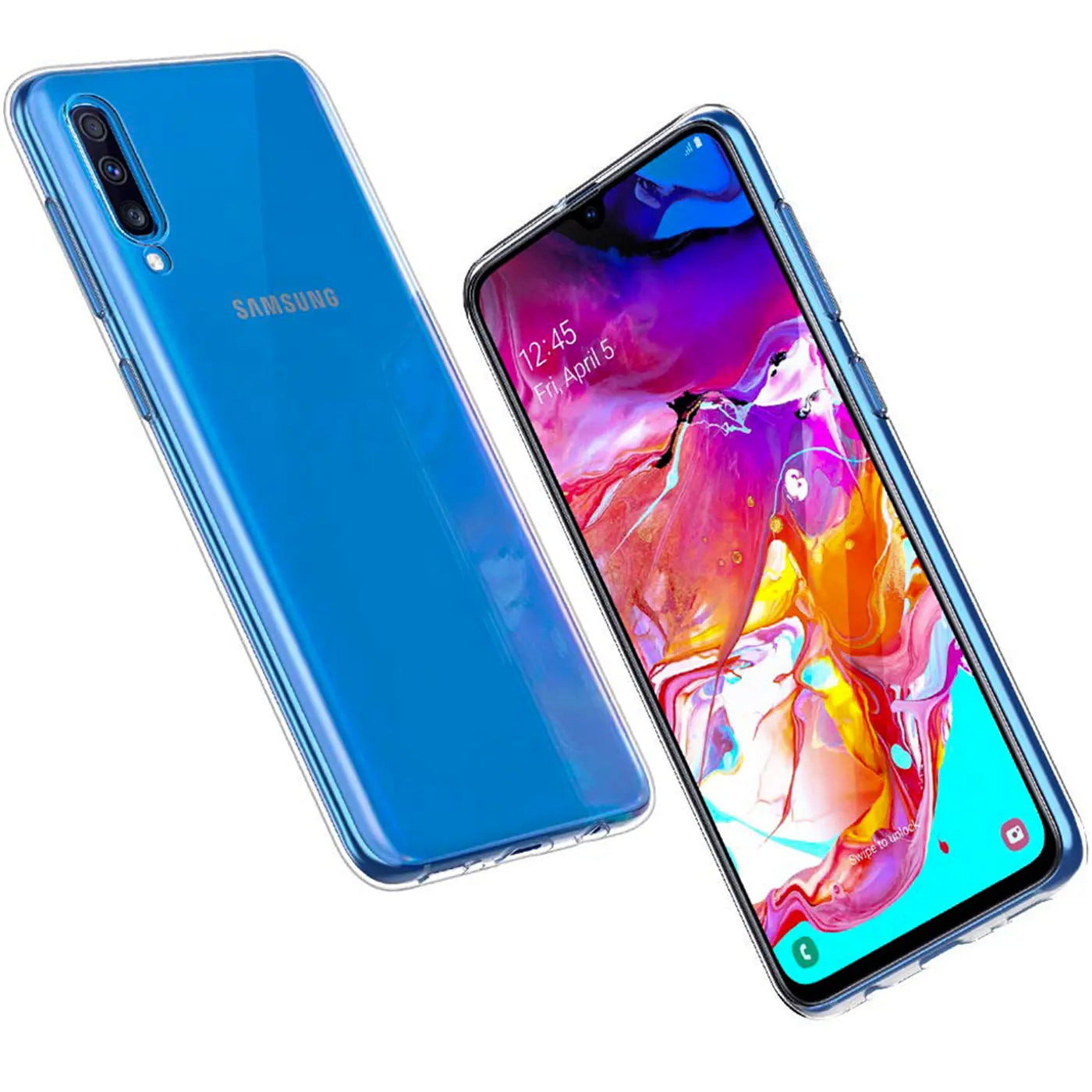 Samsung Galaxy A70/A70s in klarem, dünnem Case, von vorne und hinten, auf weißem Grund.