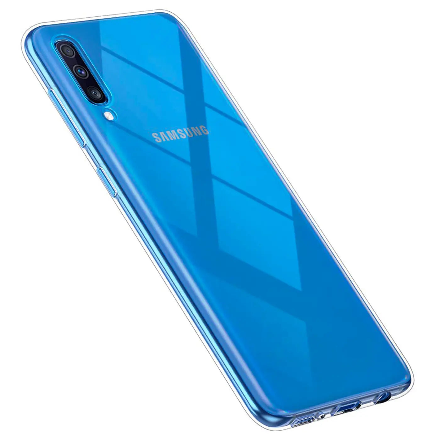 Samsung Galaxy A70/A70s in klarem, dünnem Case, von hinten, leicht schräg.