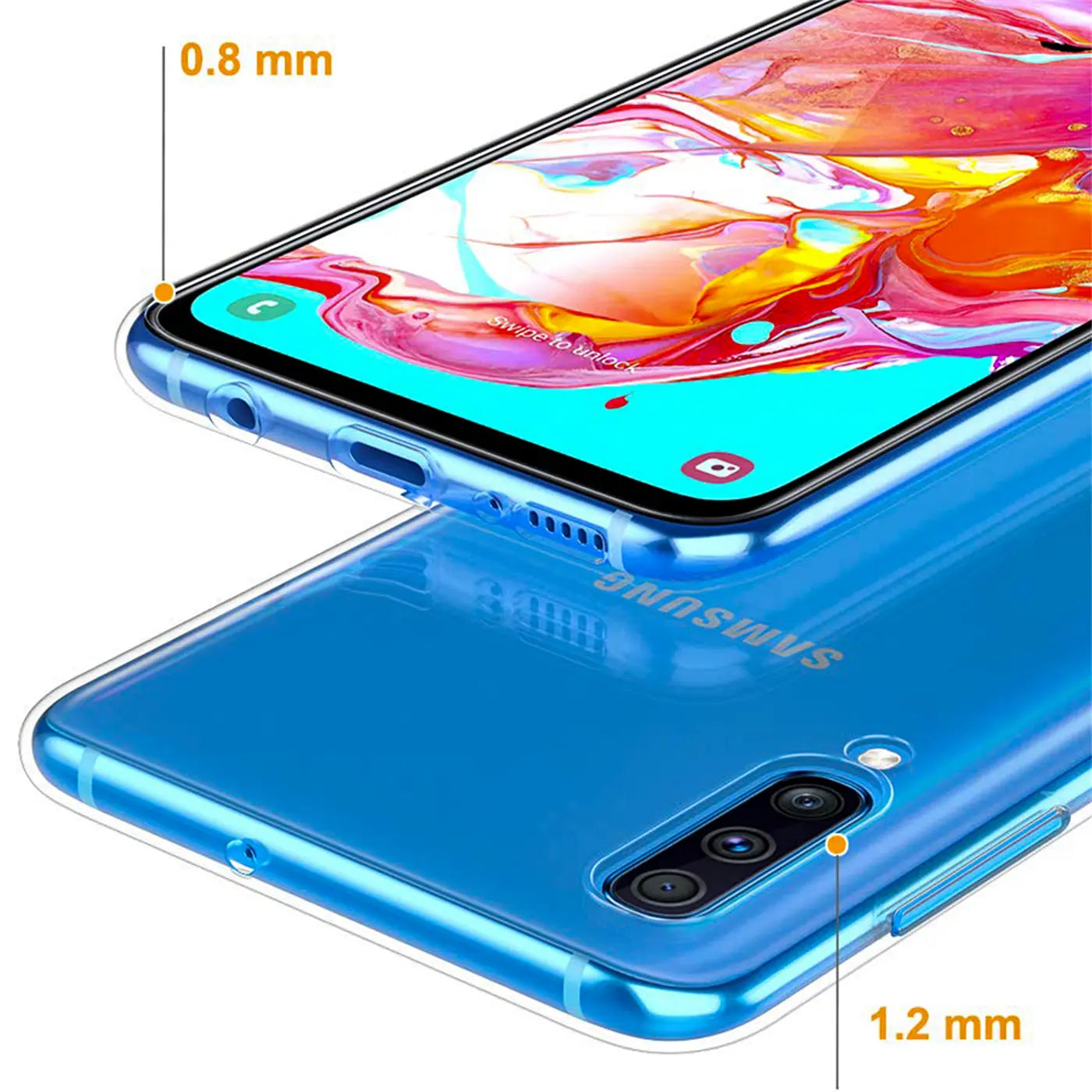 Klares, dünnes Silikon-Case auf einem blauen Samsung Galaxy A70/A70s, Draufsicht.