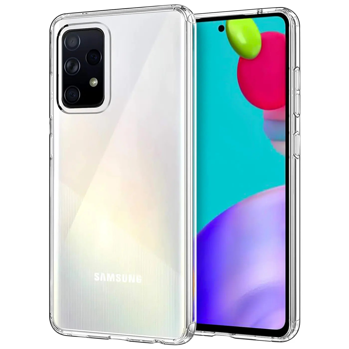 Klares, transparentes Handycase aus Kunststoff, schräg von vorne, zeigt Samsung Galaxy A72.