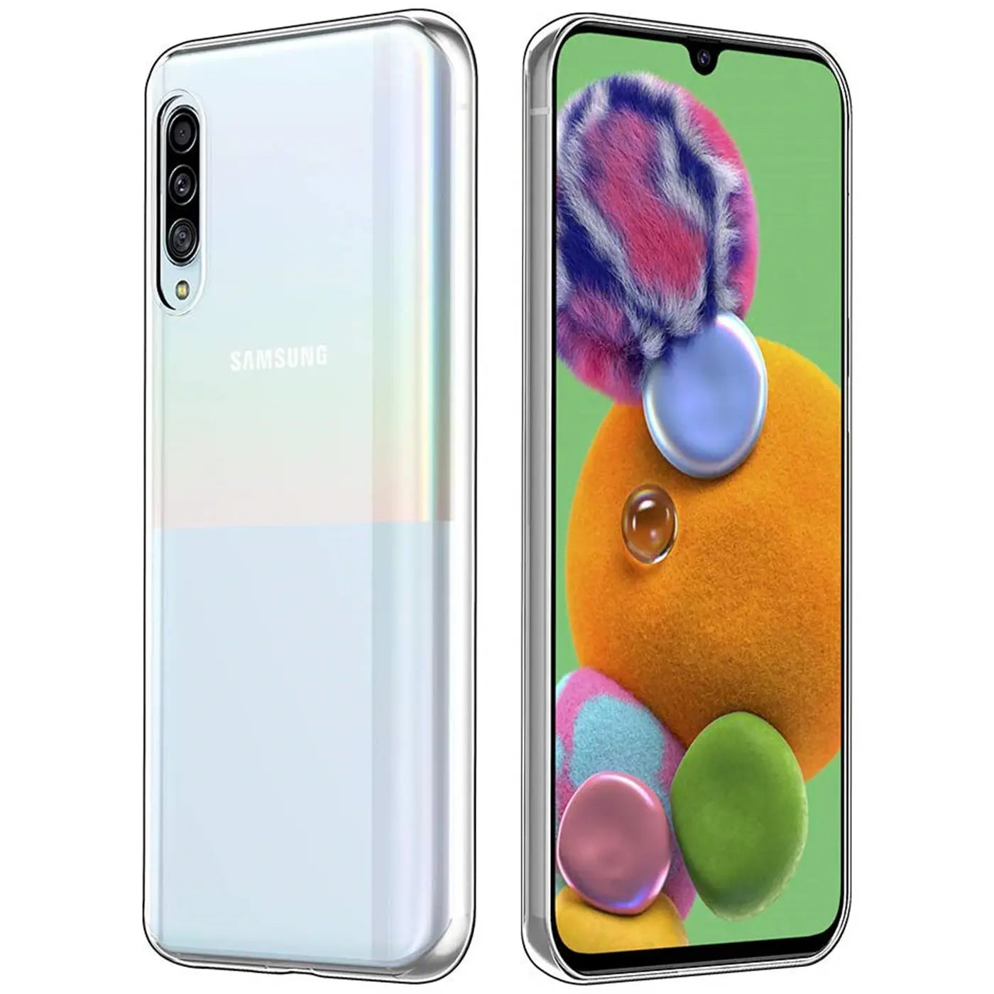 Samsung Galaxy A90 5G in transparentem Case, Vorder- und Rückansicht, silberner Rand