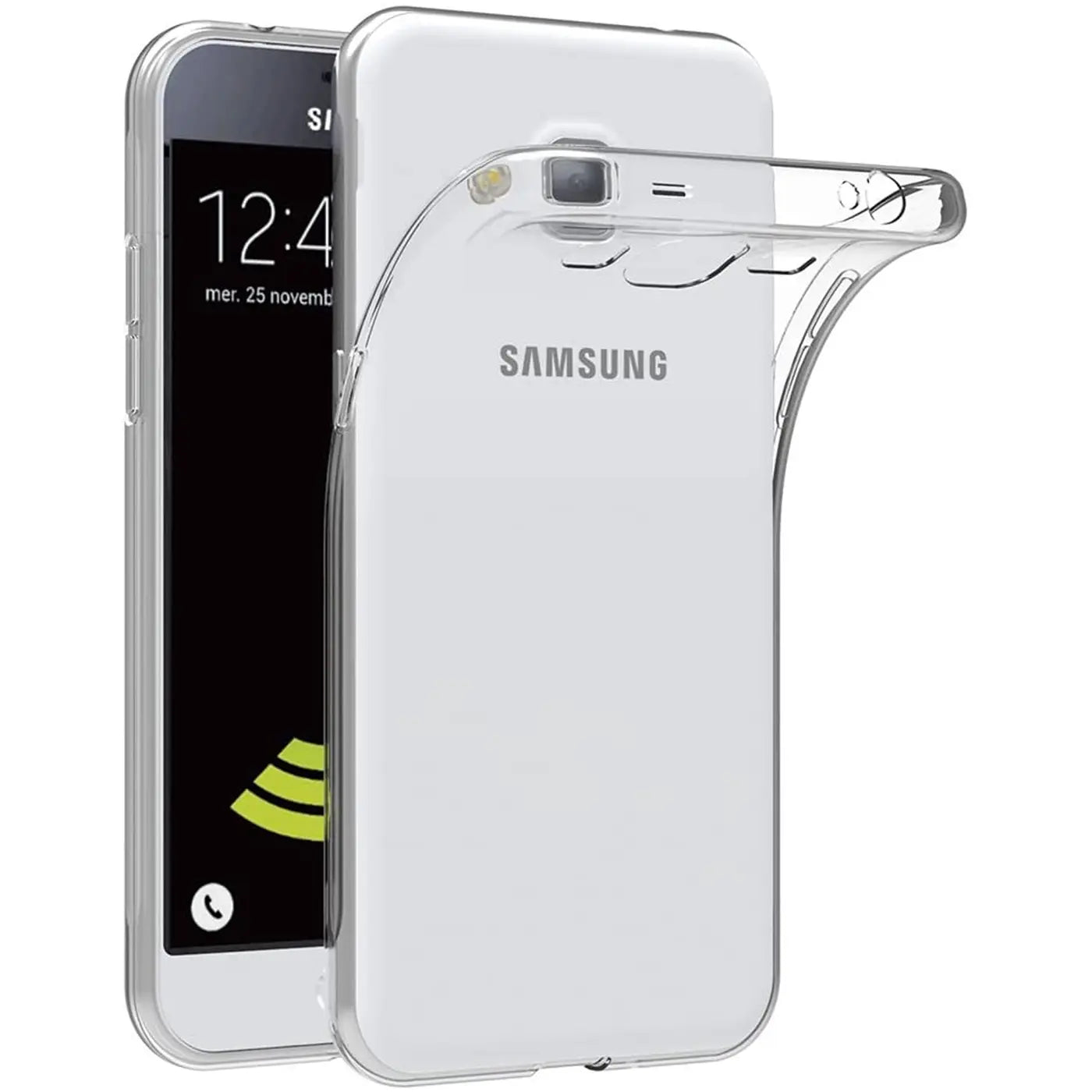 Klar, transparentes TPU-Case auf Samsung Galaxy J3 2016, von hinten, leicht schräg.