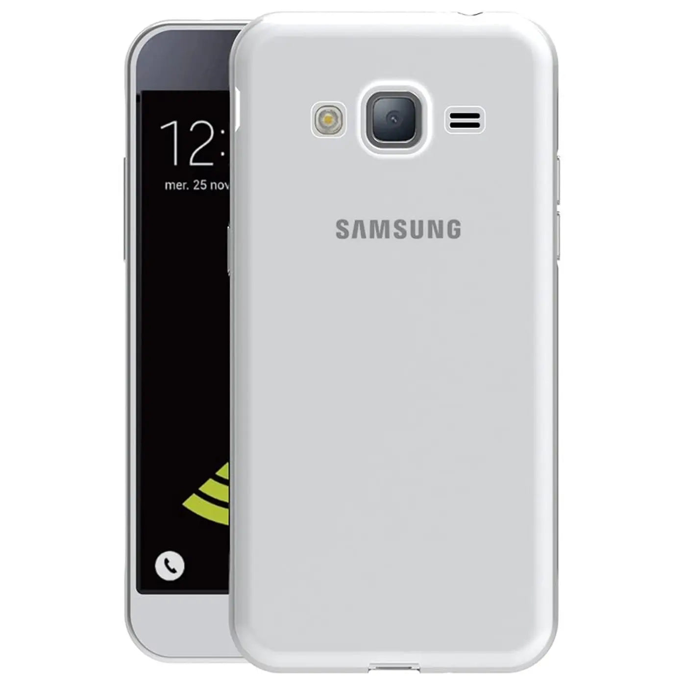 Samsung Galaxy J3 2016 in weißem, transparentem Kunststoff-Case, von hinten gezeigt.