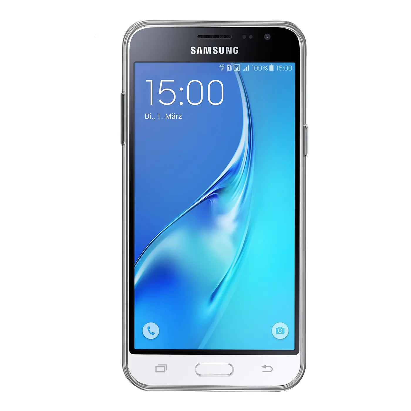 Samsung Galaxy J3 2016 in transparentem Slim Case, Frontansicht.