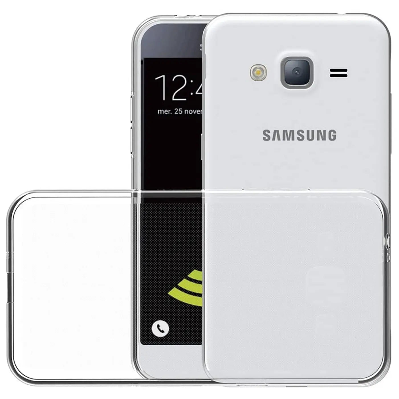 Samsung Galaxy J3 2016 in klarem, dünnem Case, von vorne und hinten gezeigt.