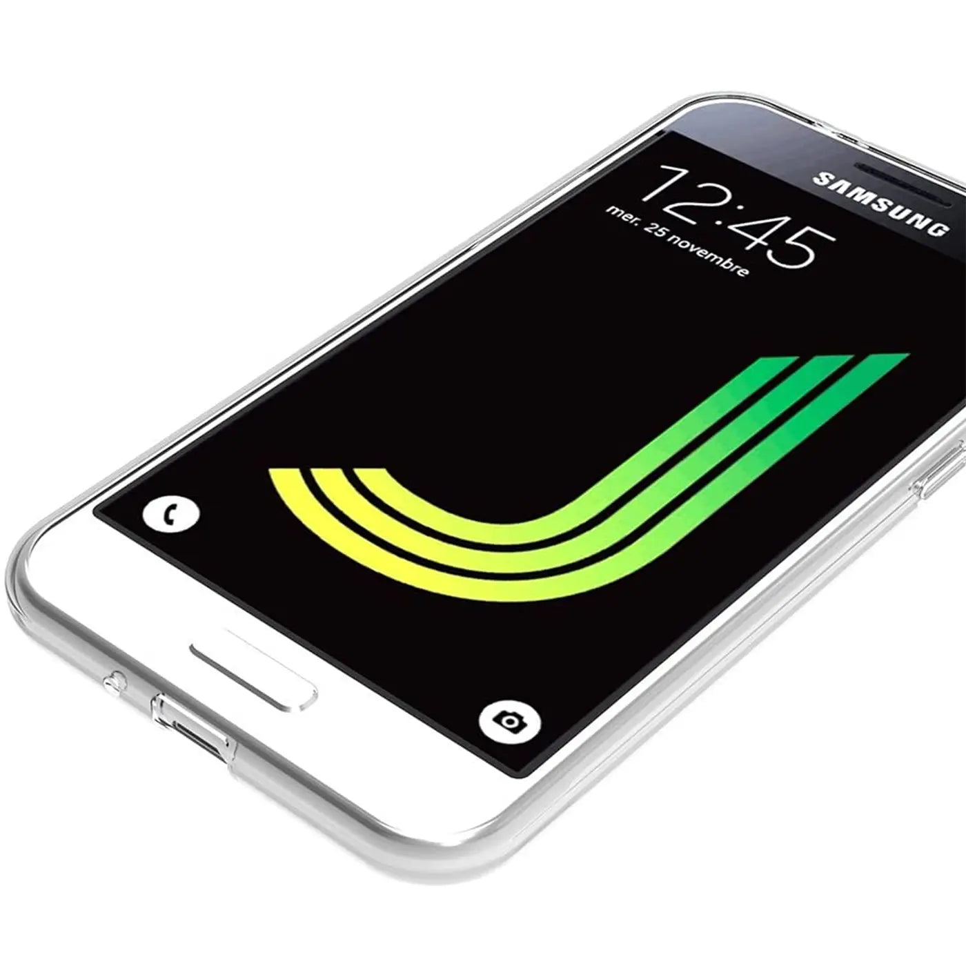 Samsung Galaxy J3 2016 in klarem, dünnem Case, von schräg oben fotografiert.