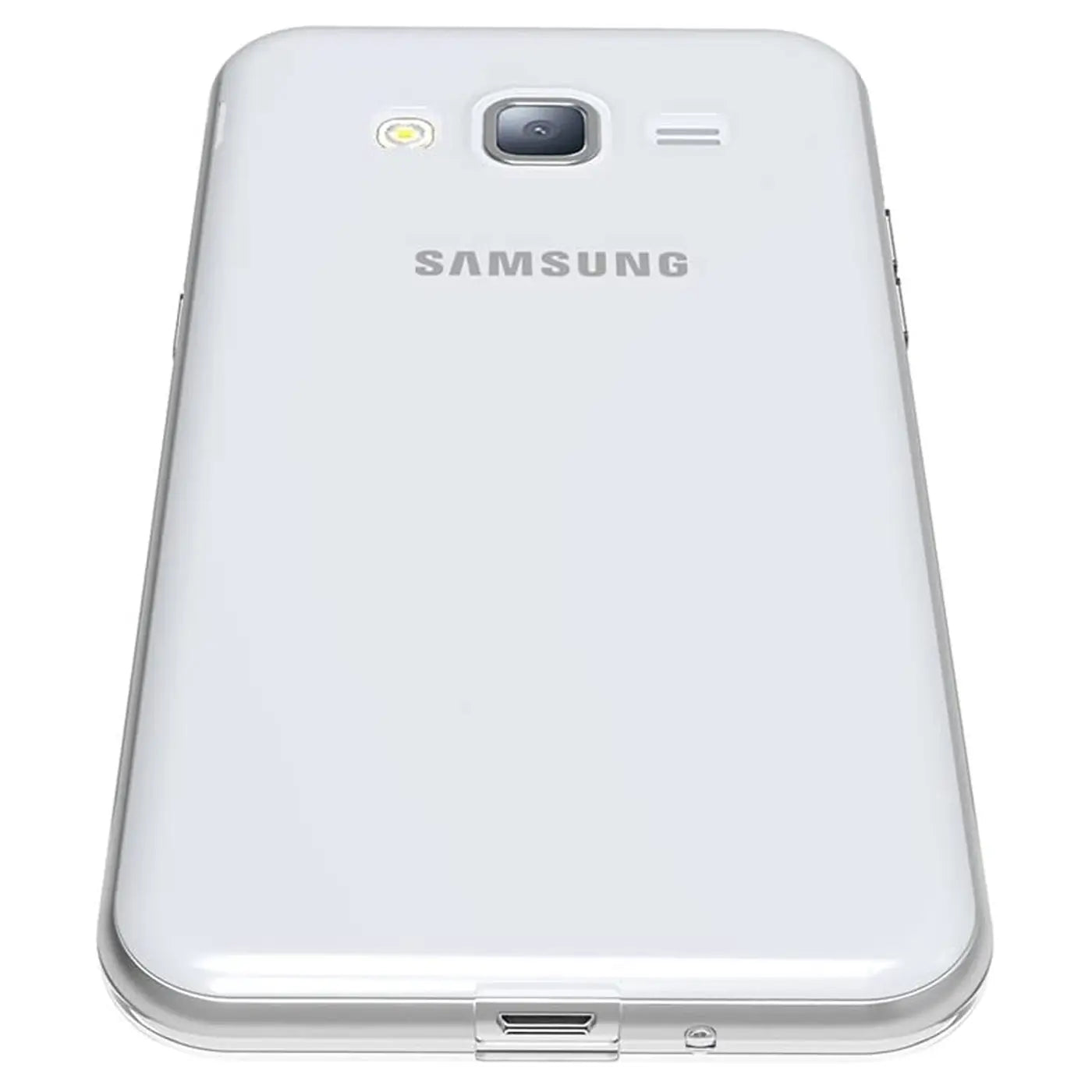 Samsung Galaxy J3 2016 in weiß, klare Hülle, von oben, mit Kamera und Logo.