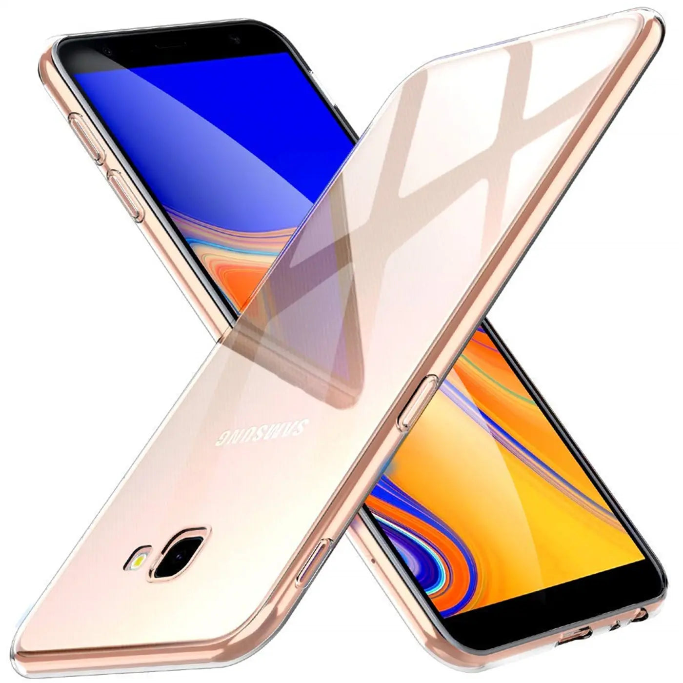 Samsung Galaxy J4 Plus in roségold, transparent, schräg von vorne oben.