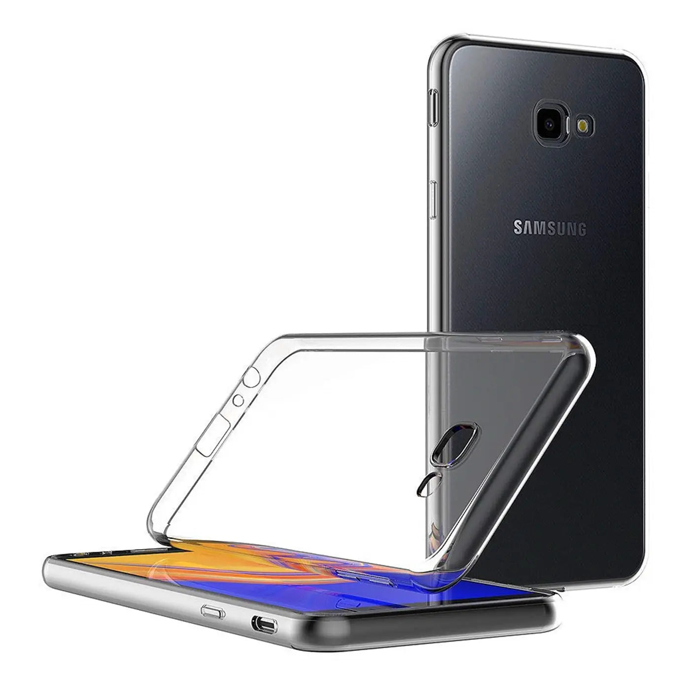Transparente Hülle aus Kunststoff, schräg von vorne, zeigt Samsung Galaxy J4 Plus.
