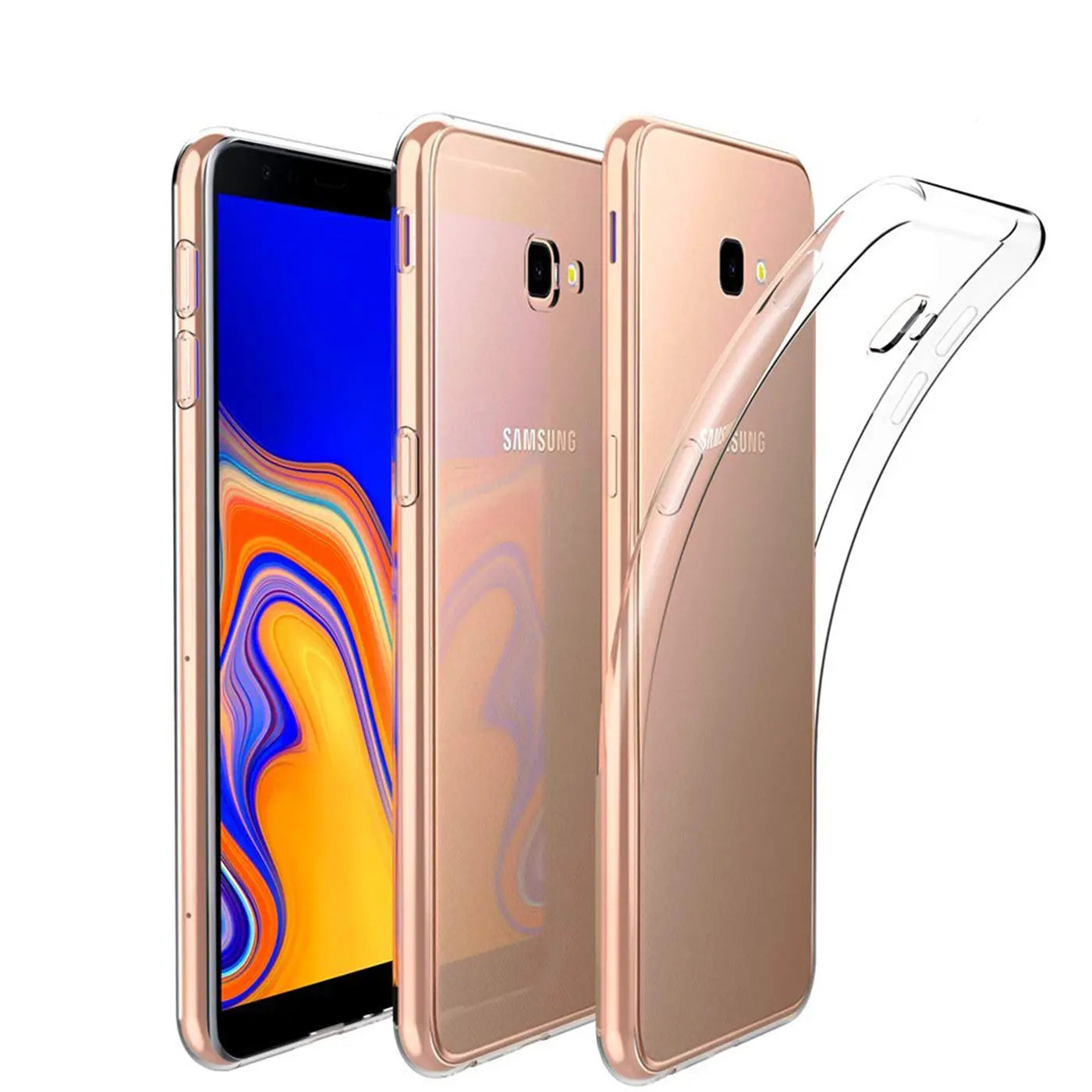 Drei goldene Samsung Galaxy J4 Plus nebeneinander, eines mit transparentem, schlankem Case, von vorne.
