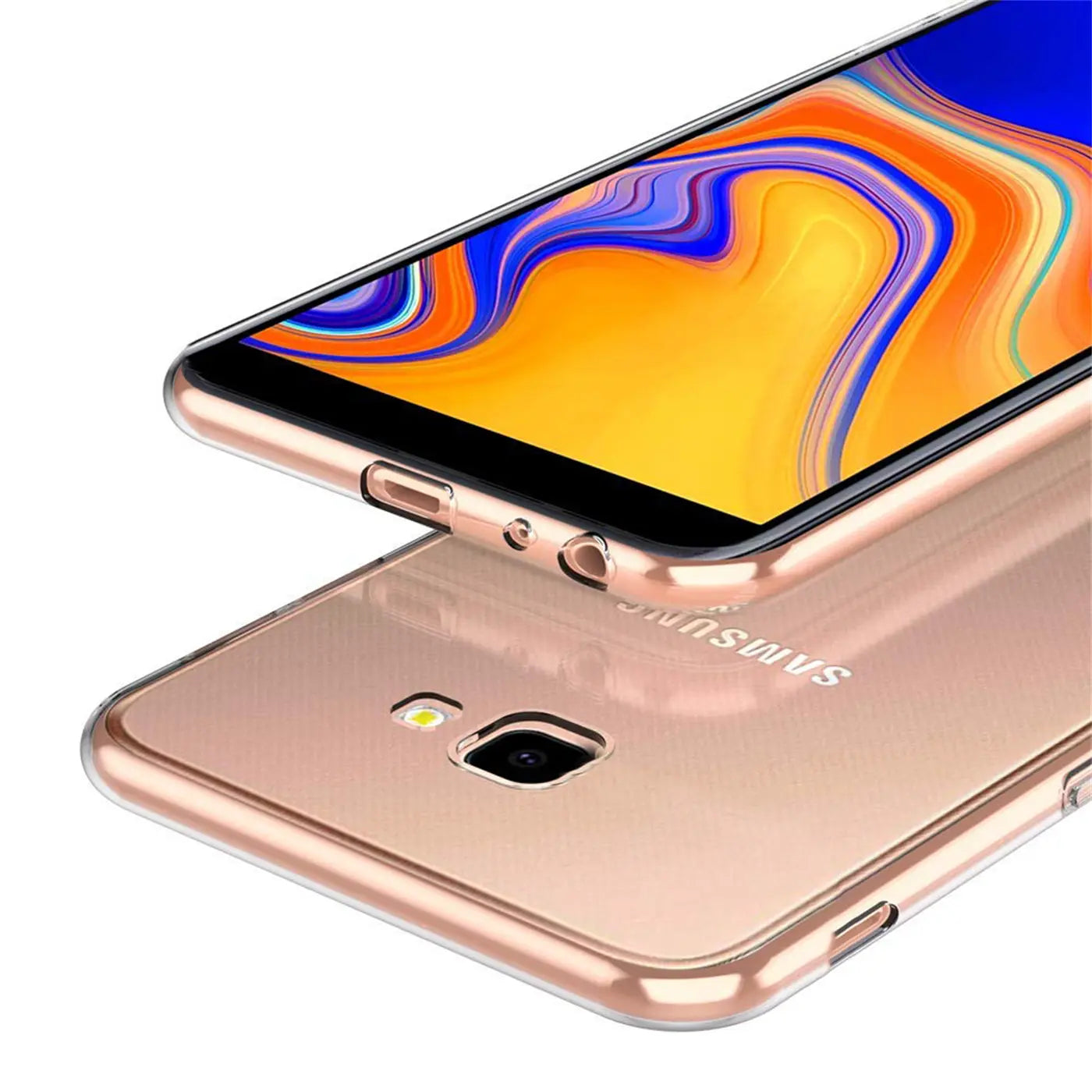 Samsung Galaxy J4 Plus in Roségold, transparent, von oben/schräg, mit Hülle.