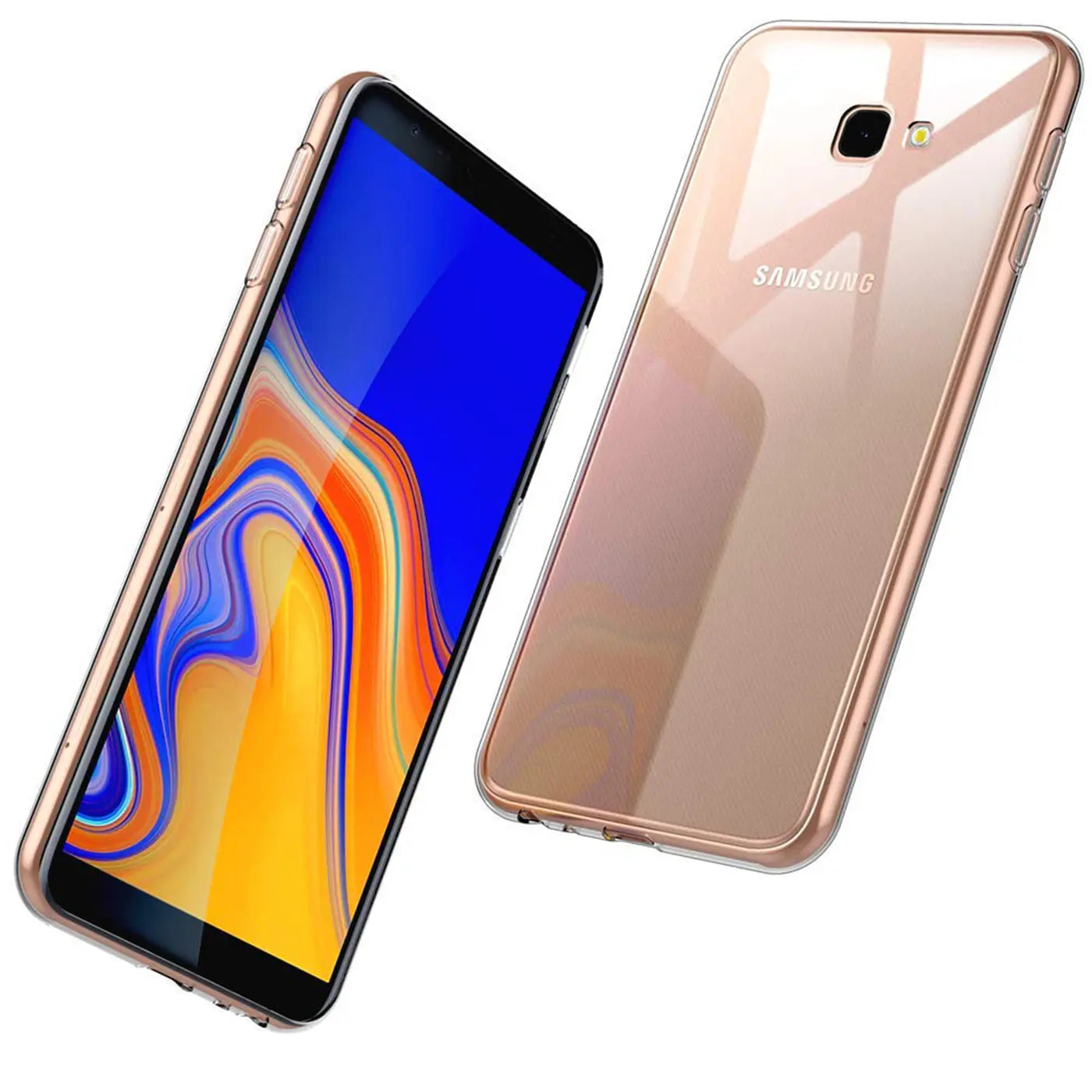 Samsung Galaxy J4 Plus in Roségold, transparent, von vorne und hinten, aus Kunststoff.