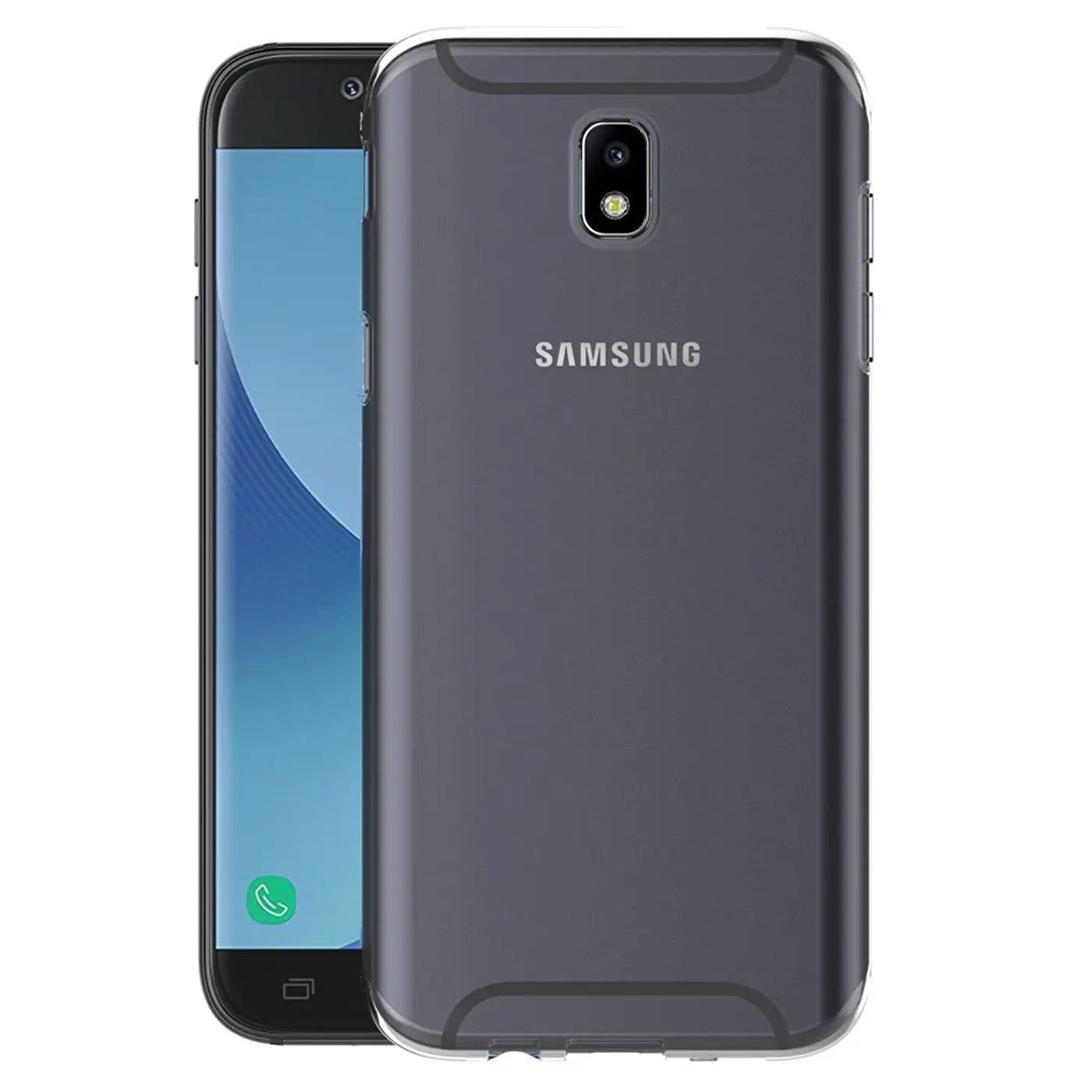 Samsung Galaxy J5 2017 mit transparentem, dunklem Slim Case, Rückansicht und Vorderseite.