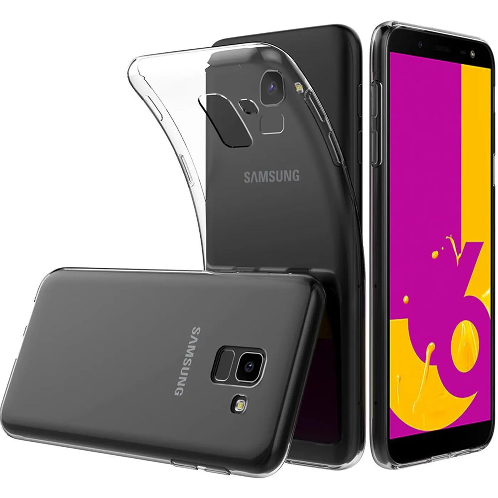 Klarer Slim Case auf dunklem Samsung Galaxy J6 2018, Rückansicht und Vorderansicht.