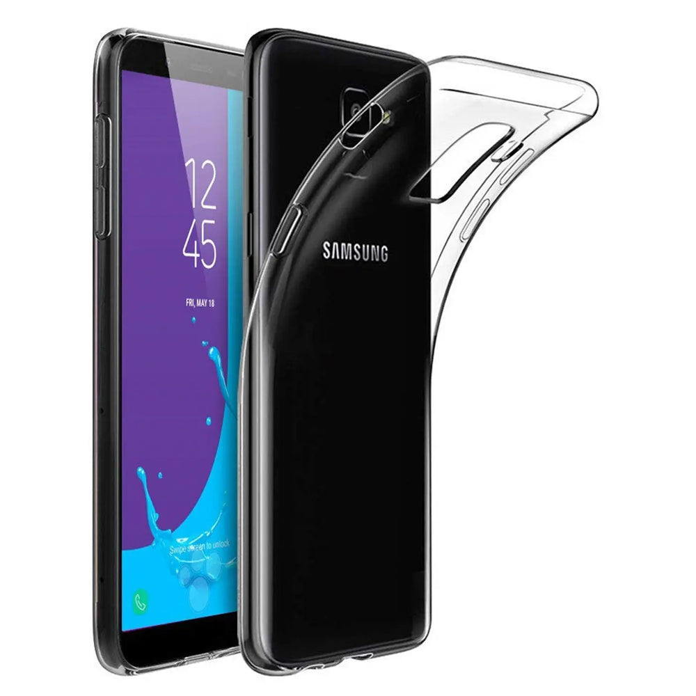 Klares, flexibles Handyhülle aus Silikon, Samsung Galaxy J6 2018, von vorne und hinten gezeigt.
