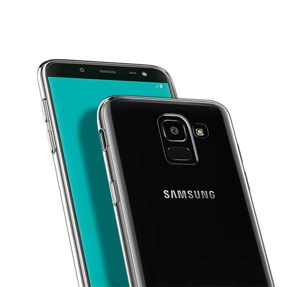 Samsung Galaxy J6 2018, transparent, Nahaufnahme, Rückseite und Vorderseite