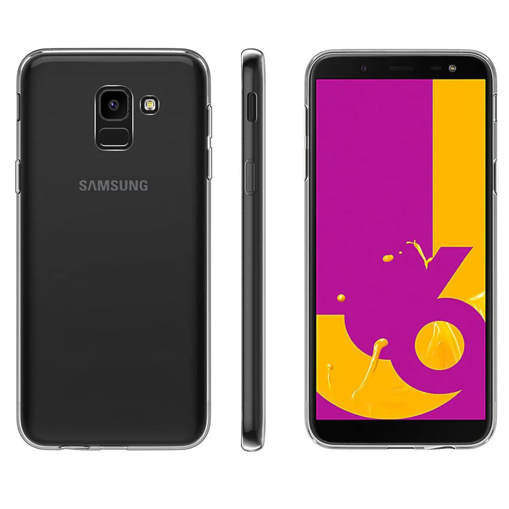 Samsung Galaxy J6 2018 in transparentem Slim Case, Rückseite, Seite, Vorderseite.
