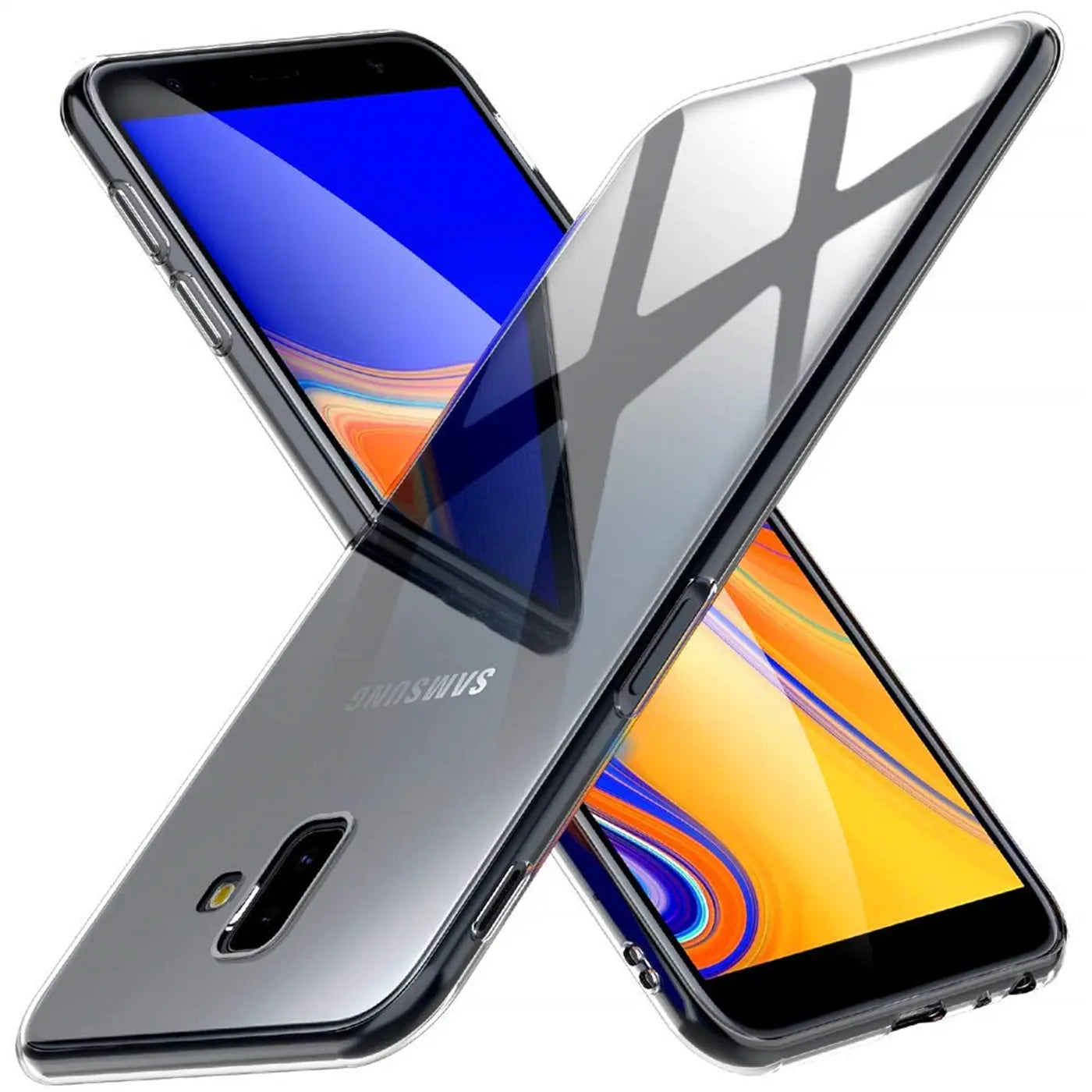 Klar, transparentes Handyhülle aus Kunststoff, schräg von oben, Samsung Galaxy J6 Plus.