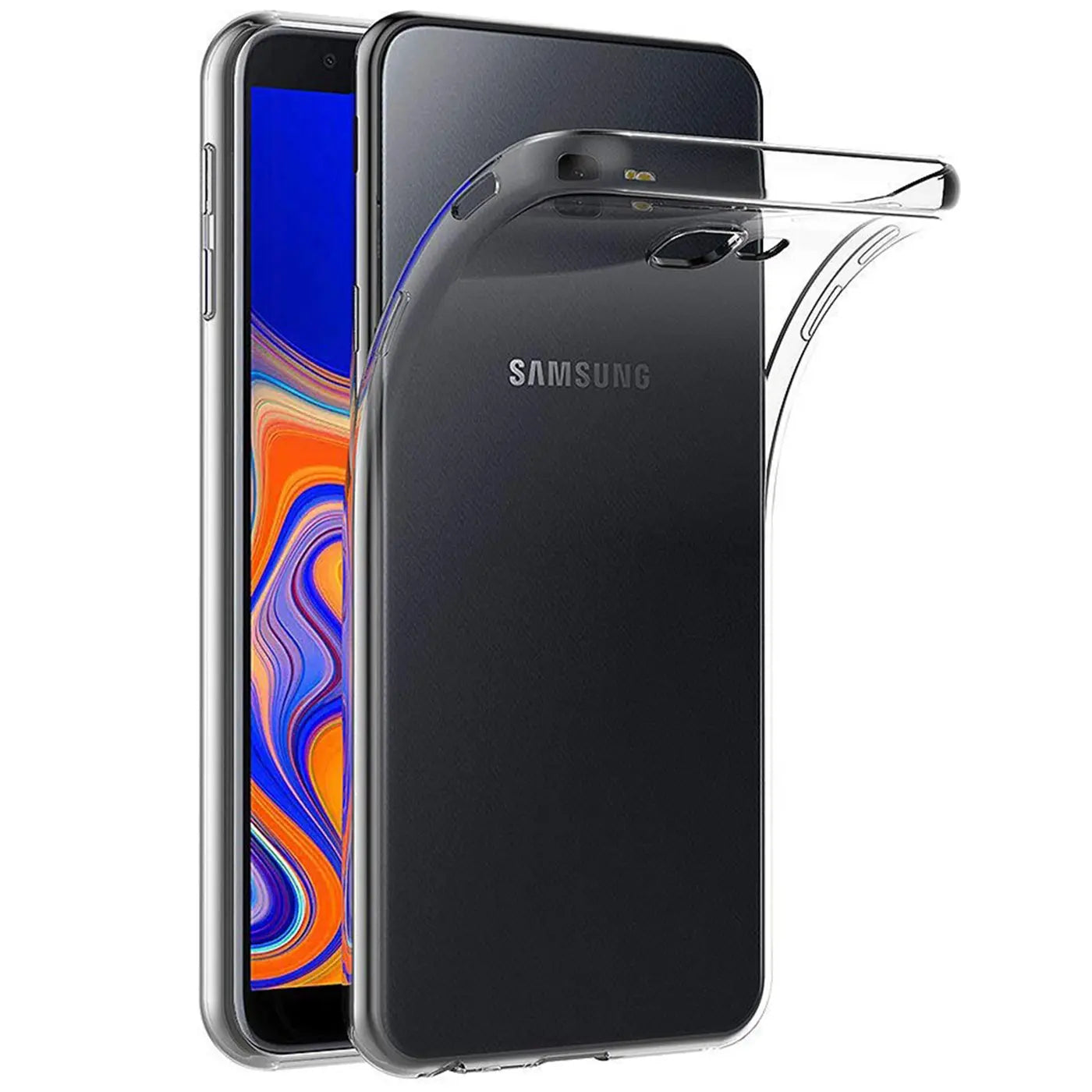 Samsung Galaxy J6 Plus mit transparentem Silikon-Case, von vorne links gezeigt.