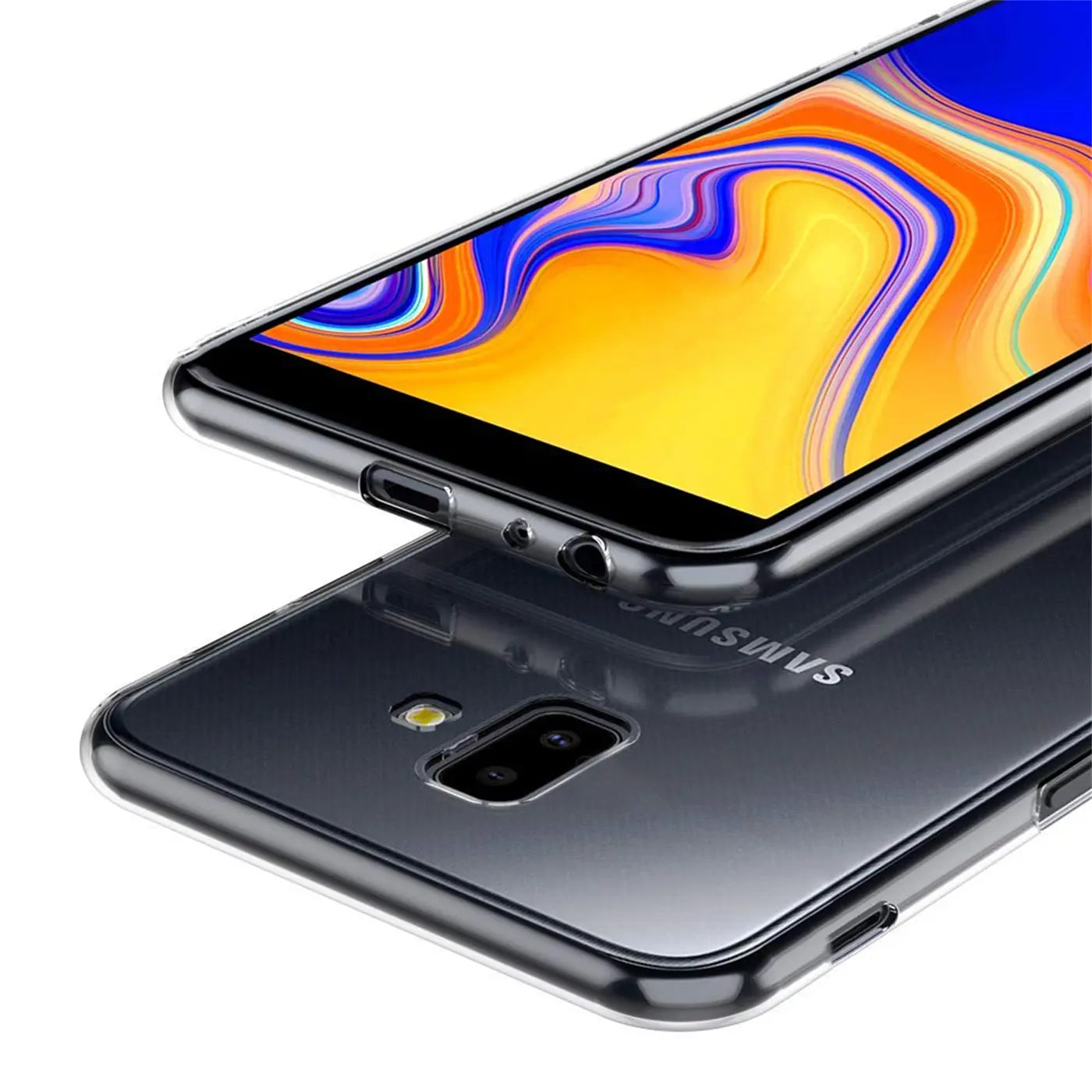 Samsung Galaxy J6 Plus in transparentem Silikoncase, von oben schräg fotografiert.