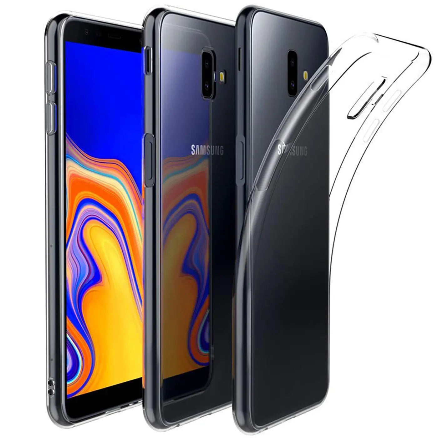 Drei Samsung Galaxy J6 Plus mit transparentem Slim Case, von vorne und von hinten gezeigt.