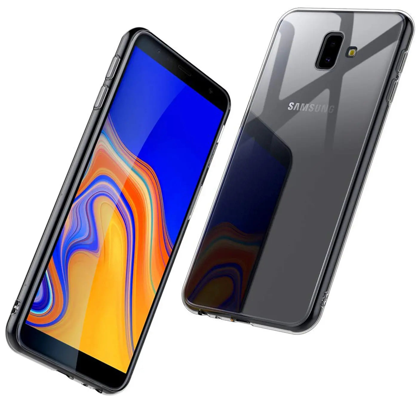 Samsung Galaxy J6 Plus in klarem, dünnem Case, Vorder- und Rückansicht, aus Kunststoff.