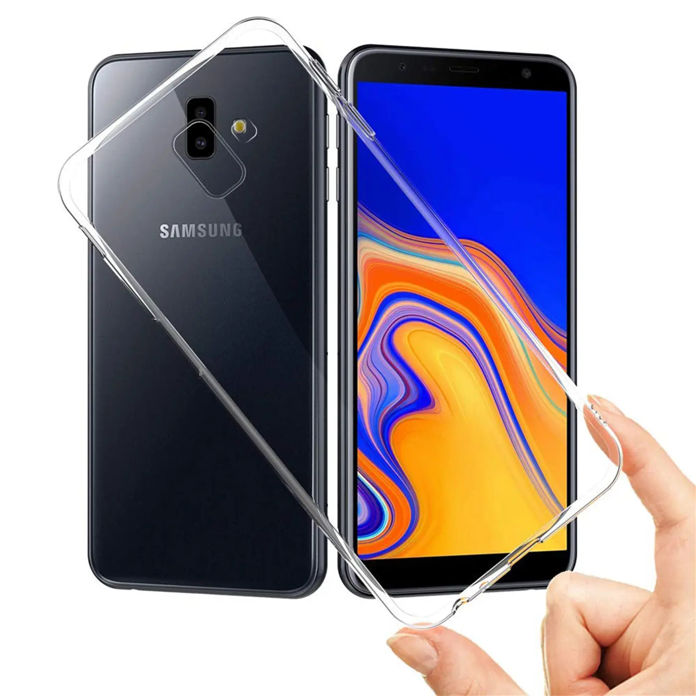 Klares, flexibles Handyhülle aus TPU, zeigt Samsung Galaxy J6 Plus, Vorder- und Rückseite.