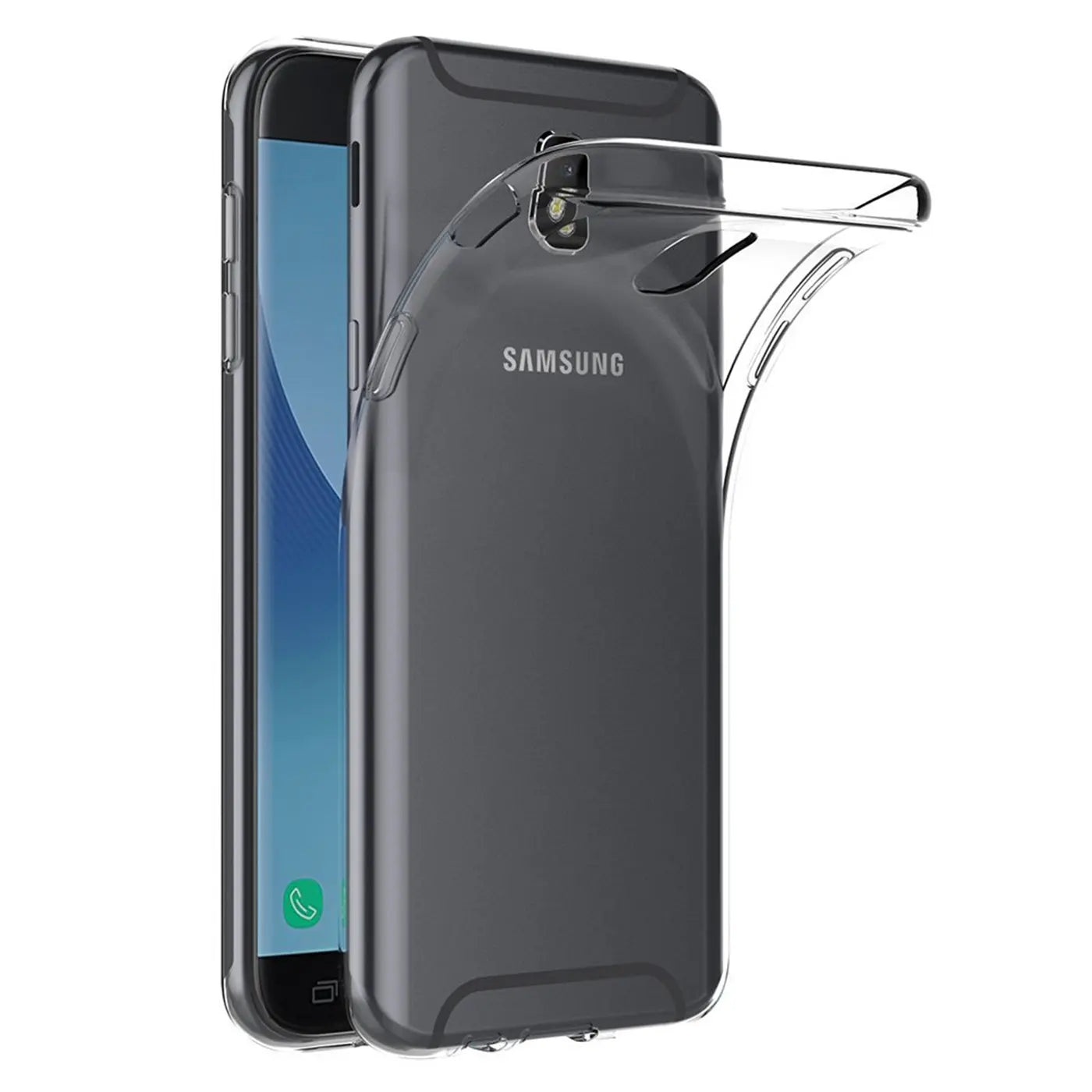 Klar, durchsichtiges Samsung Galaxy J7 2017 Hülle, von schräg hinten gezeigt.
