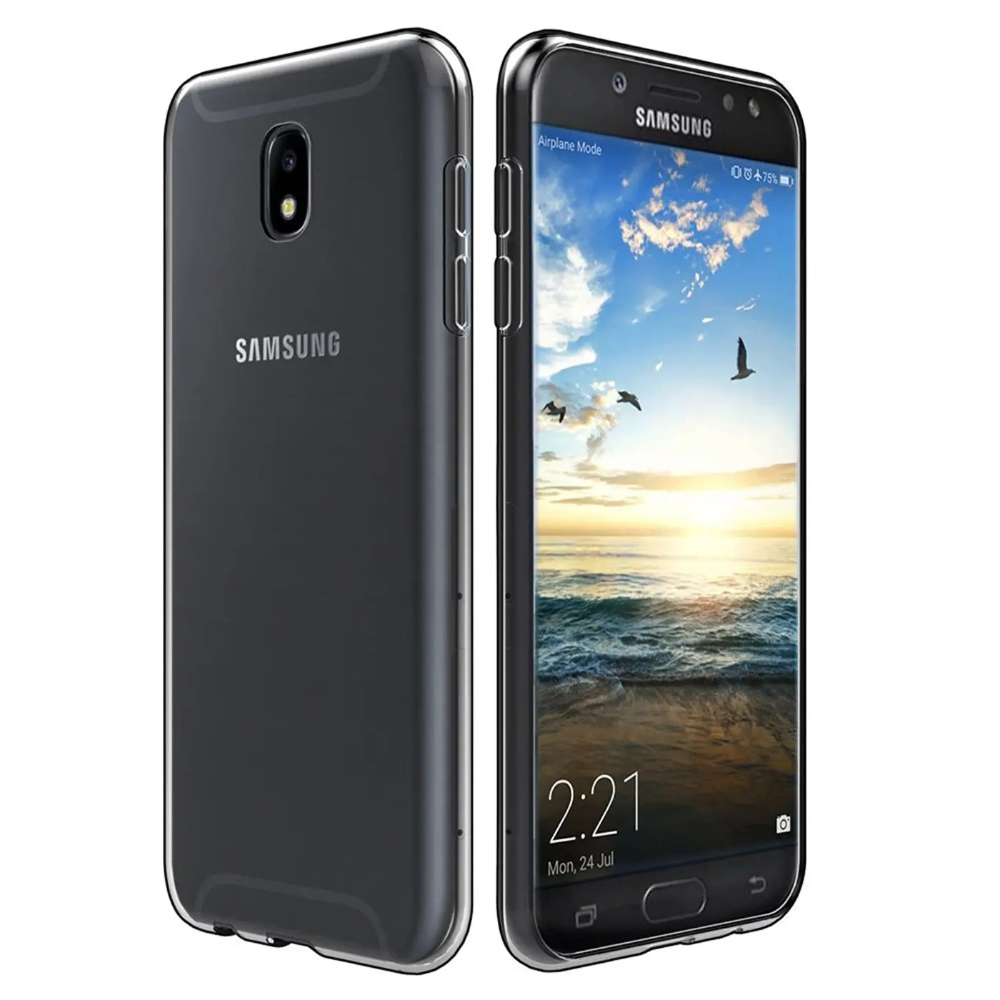 Samsung Galaxy J7 2017 in transparentem Slim Case, von vorne und hinten gezeigt.