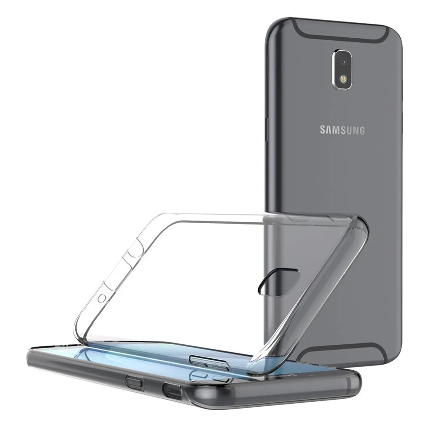Klares, transparentes Handycase aus Kunststoff, das auf einem grauen Samsung Galaxy J7 2017 liegt.