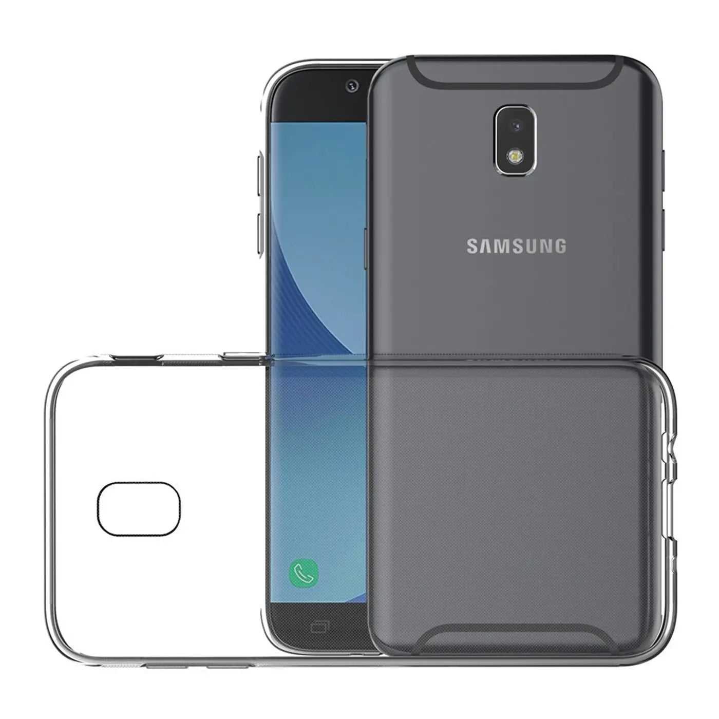 Samsung Galaxy J7 2017 mit transparentem Slim Case, von vorne und hinten gezeigt.