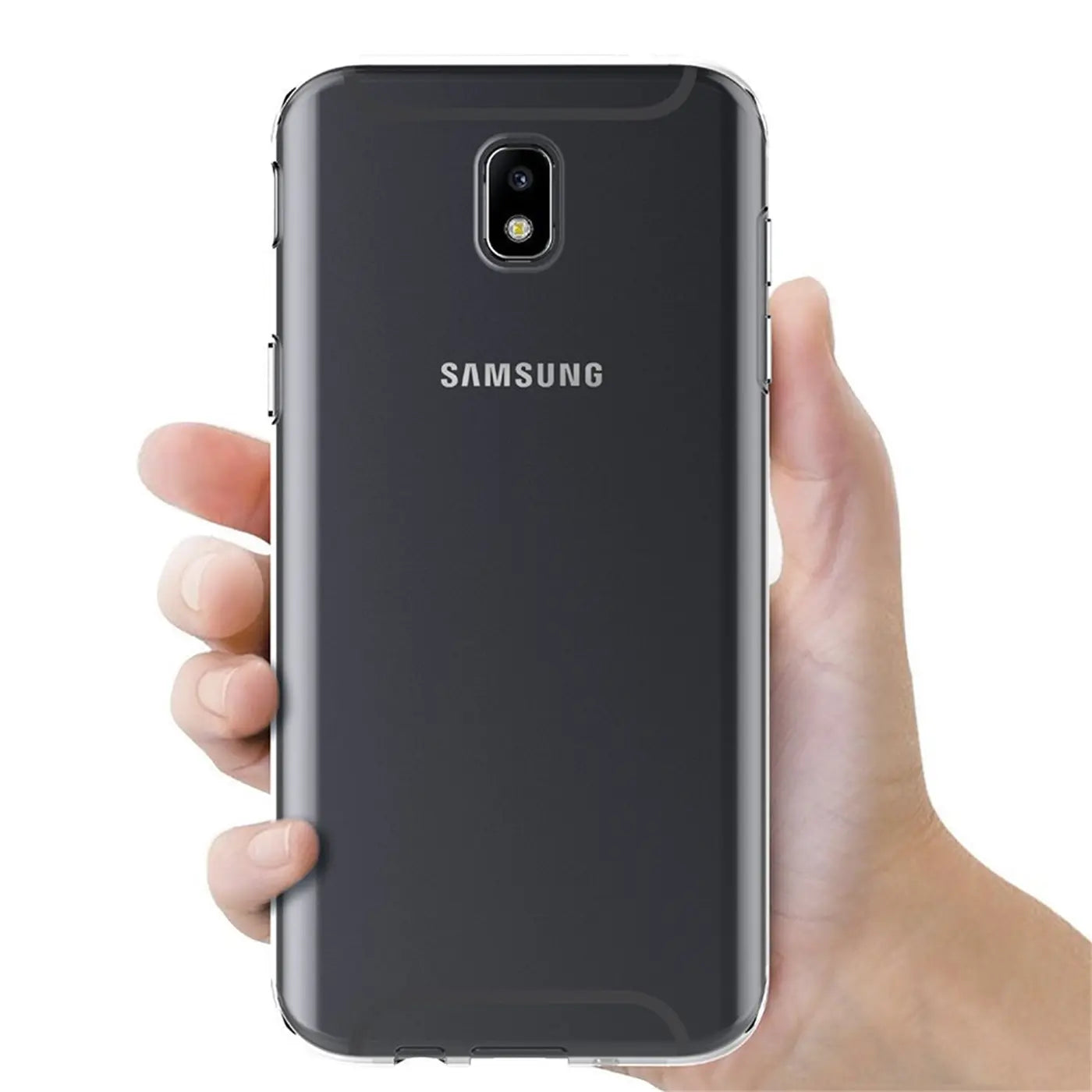 Hand hält transparentes Samsung Galaxy J7 2017 mit Rückkamera und Logo.