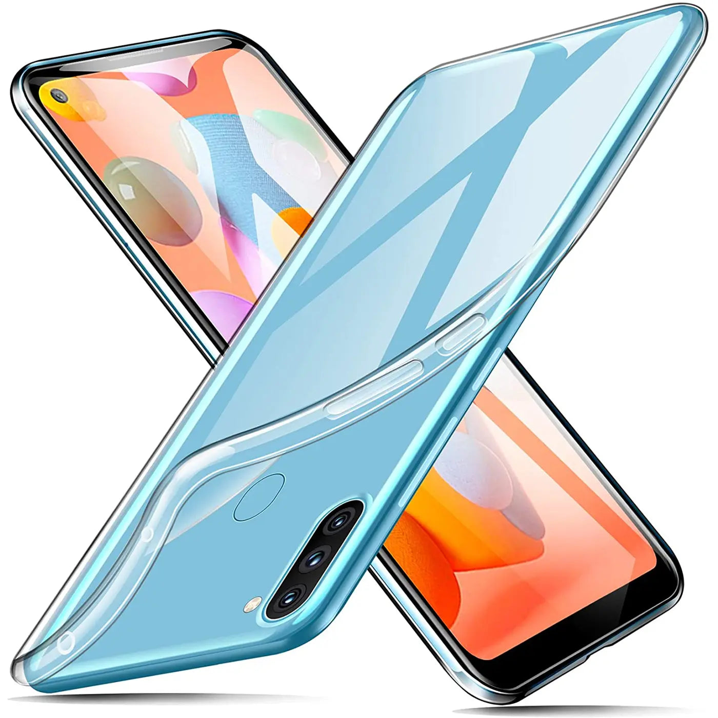 Klares, transparentes Silikon-Case auf einem Samsung Galaxy M11, von schräg oben.