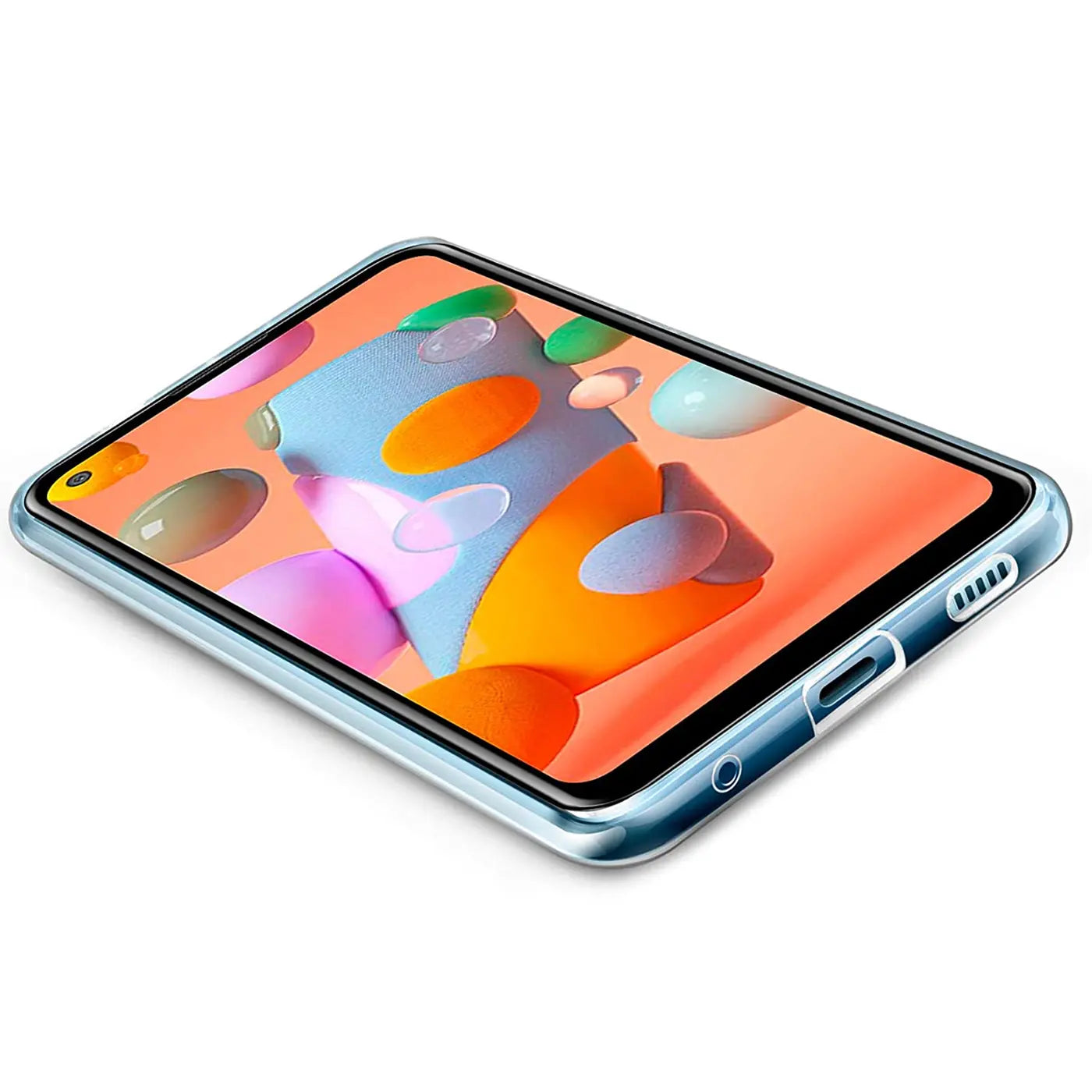 Samsung Galaxy M11 Hülle, transparent, aus Kunststoff, von schräg oben.