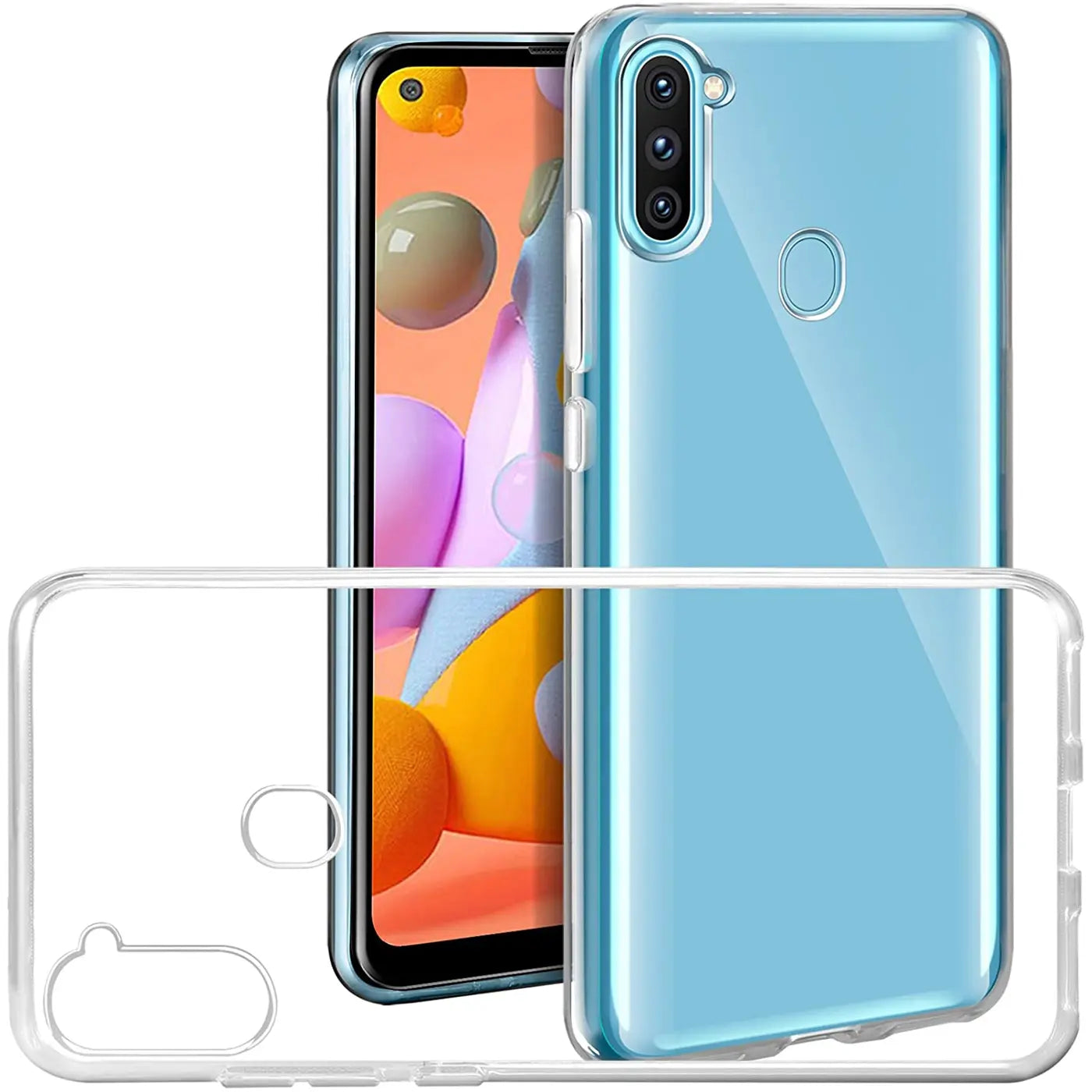 Samsung Galaxy M11 mit transparentem Silikoncase, von vorne und hinten gezeigt.