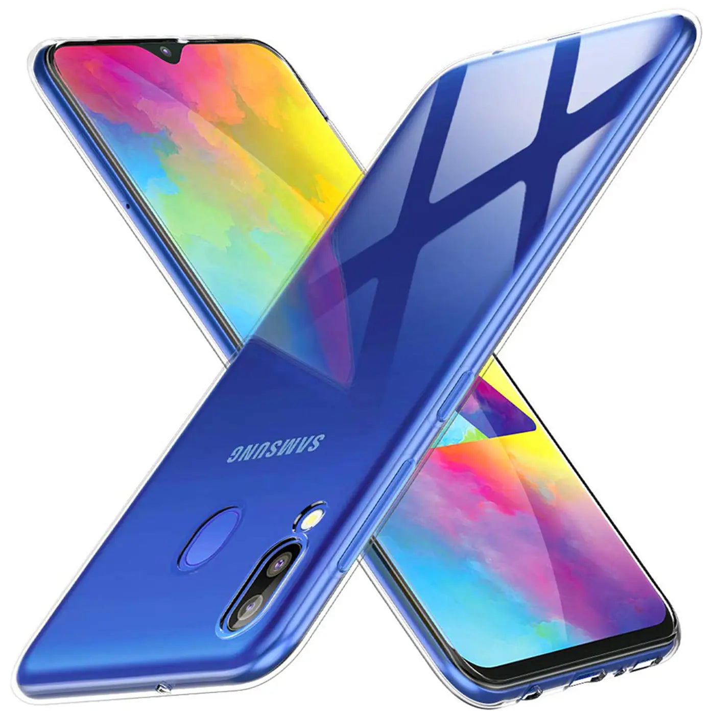 Zwei transparente Hüllen auf einem blauen Samsung Galaxy M20, von schräg oben gesehen.